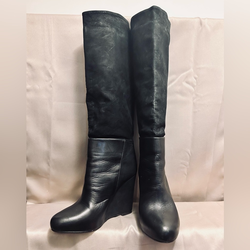 Women’s Vince Black Suede w/ Leather Bottom Knee High Wedge Boots Sz. 9